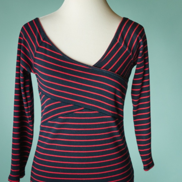 Anthro Deletta S Red Blue Striped Ribbed Top - Picture 2 of 12